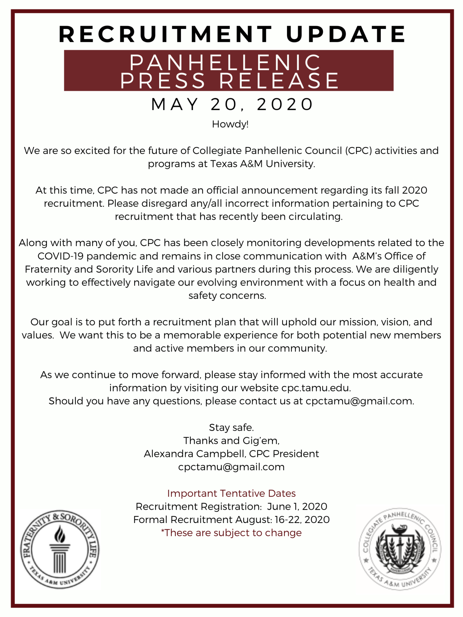 Press Releases & COVID19 Updates Texas A&M Panhellenic