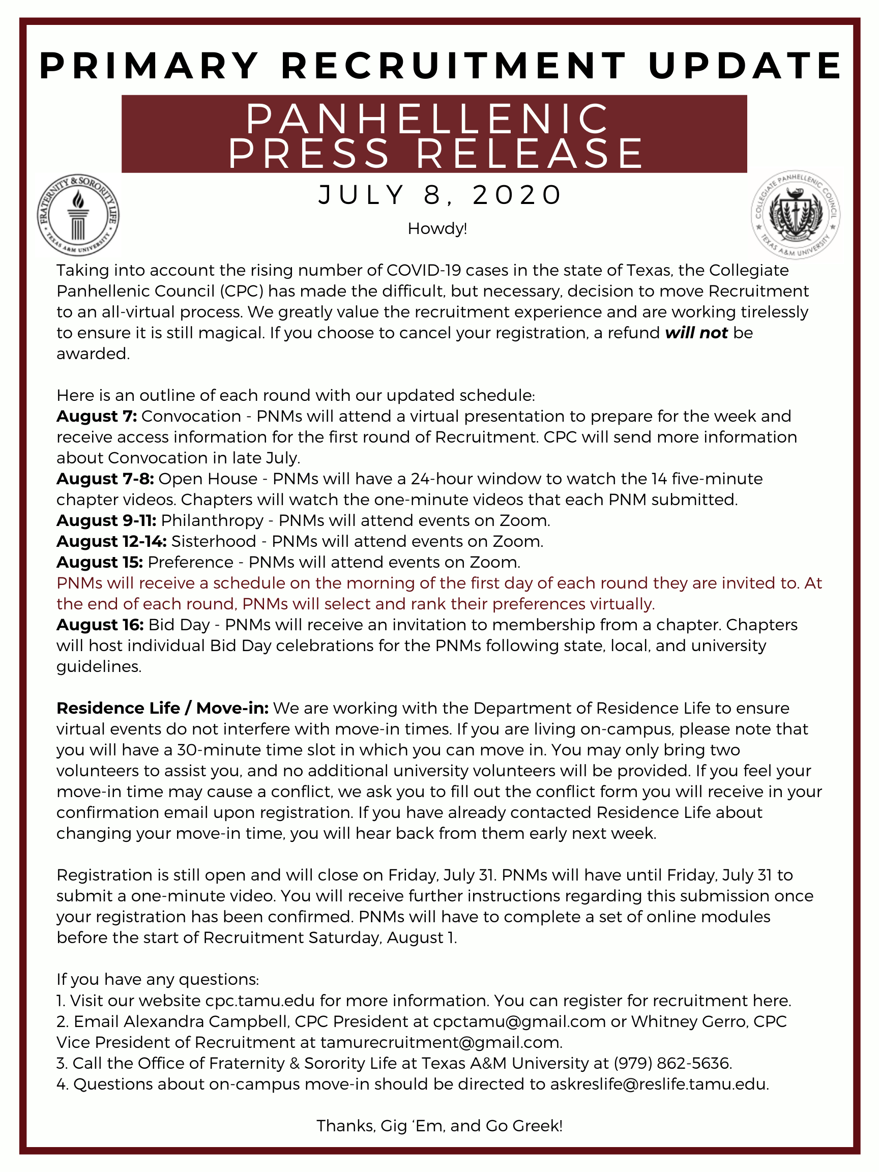 Press Releases & COVID19 Updates Texas A&M Panhellenic